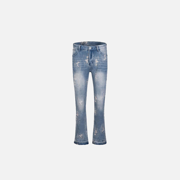 Front view of the blue Vintage Washed Distressed Jeans in a gray background 