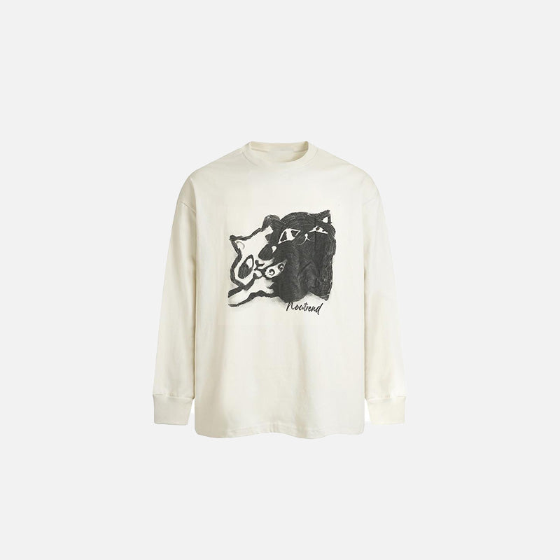 Front view of the beige Abstract Dual Cat Graphic T-shirt in a gray background