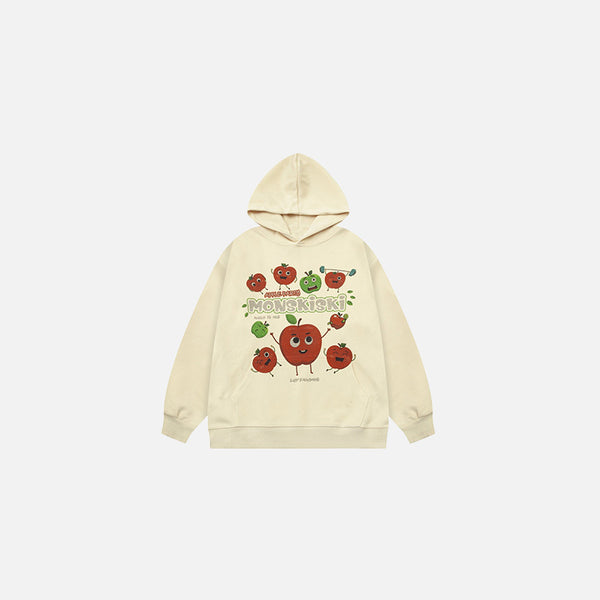 Front view of the apricot Cheerful Fruit Hoodie in a gray background