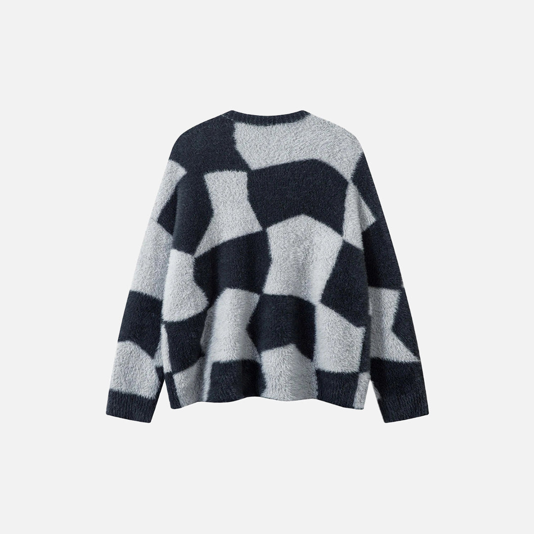 Back vew of the black Y2K Abstract Grid Knitted Sweater in a gray background