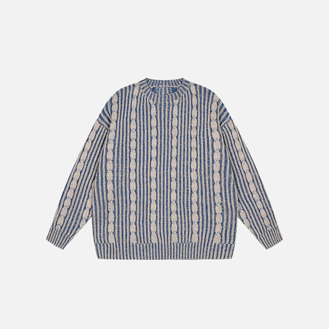 Front view of the blue Vintage Stripes Loose Sweater in a gray background