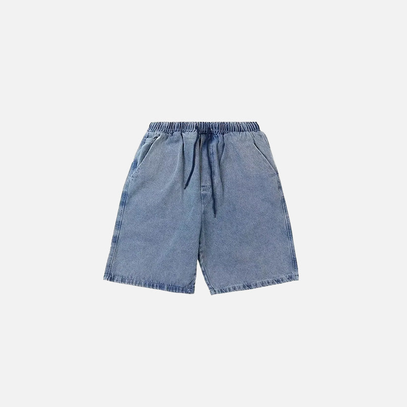 Front view of the blue Baggy Drawstring Denim Shorts in a gray background