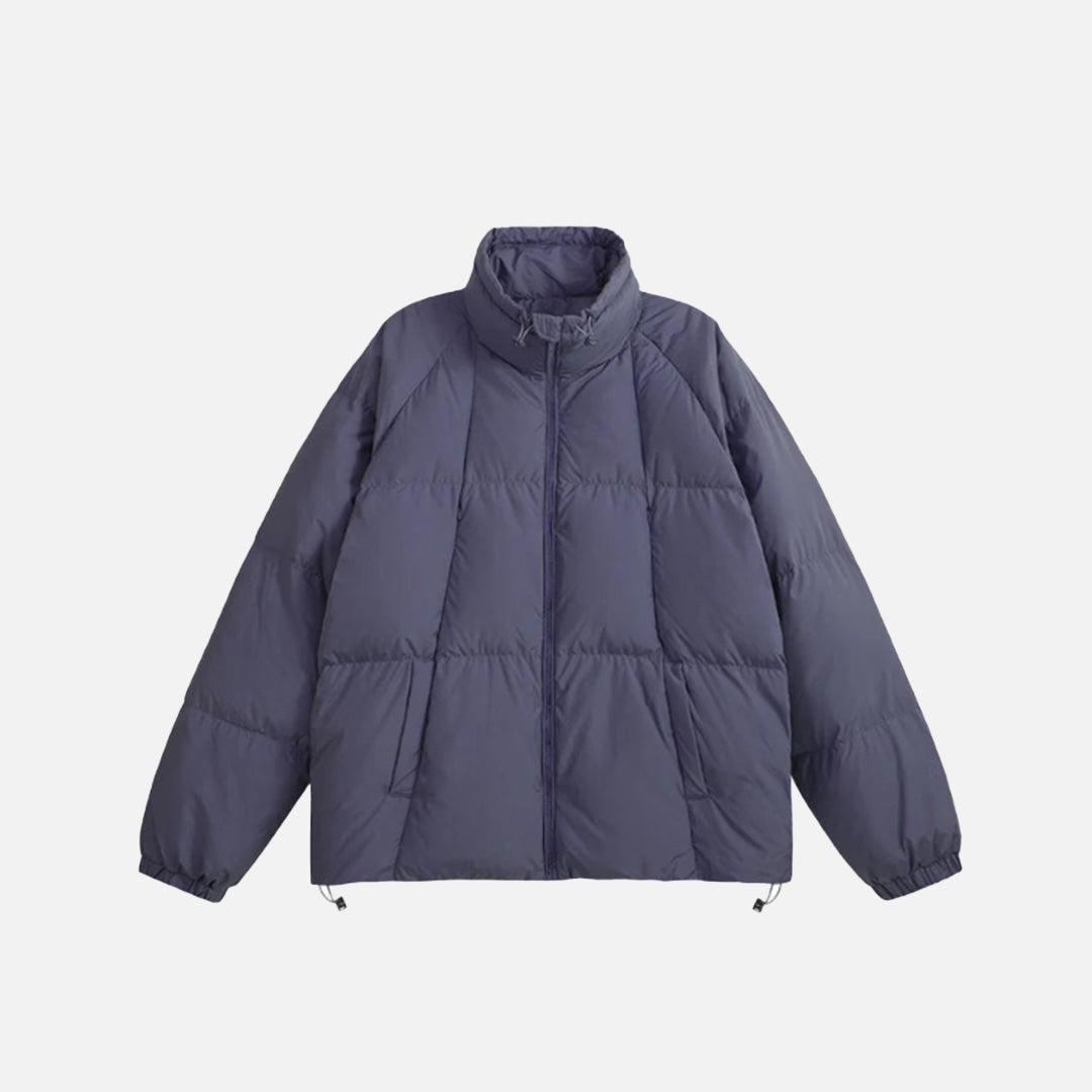 Front view of the purple High-Neck Puffer Jacket in a gray background