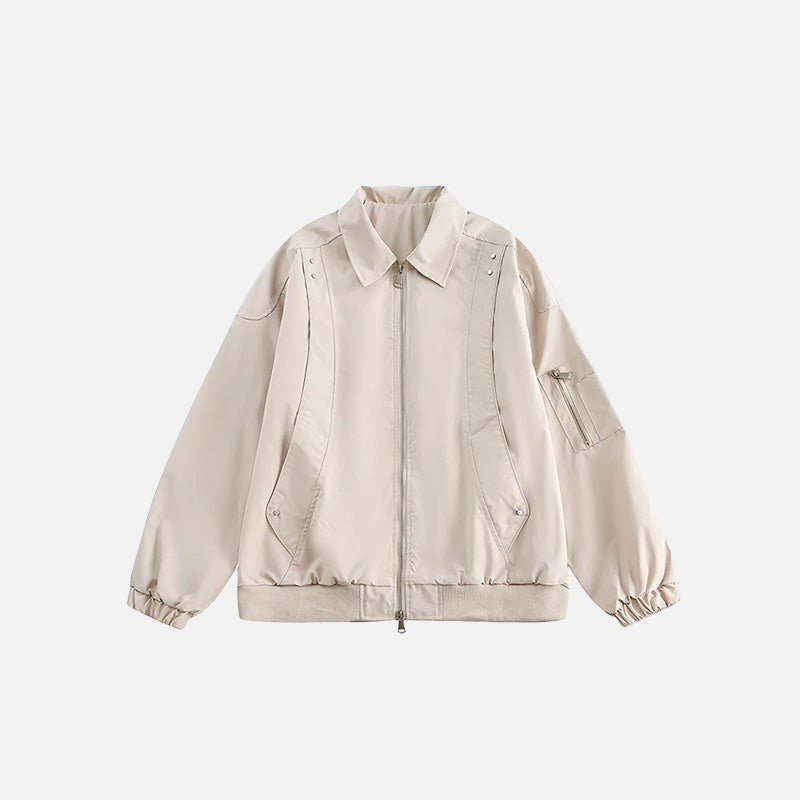 Front view of the beige Urban utility Bomber Jacket in a gray background