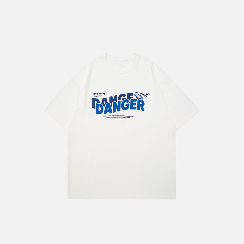 Front view of the white Loose Danger Printed T-shirt in a gray background 