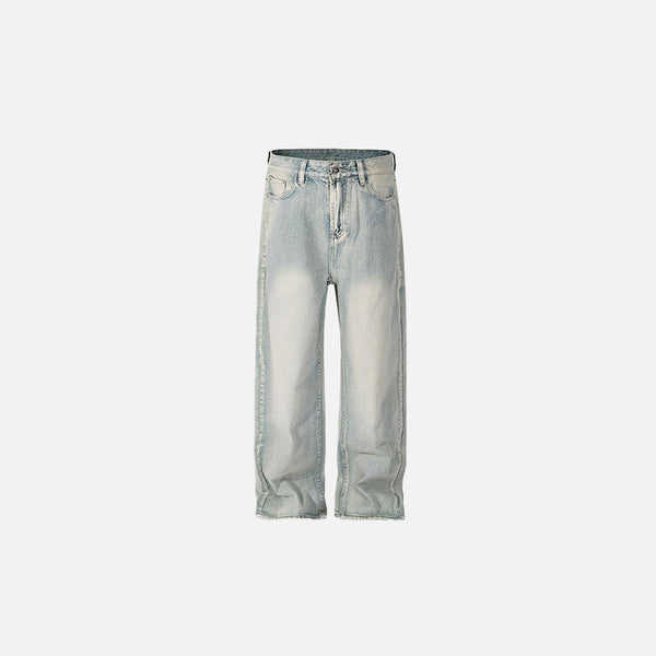 Front view of the blue Classic Washed Straight Leg Jeans in a gray background