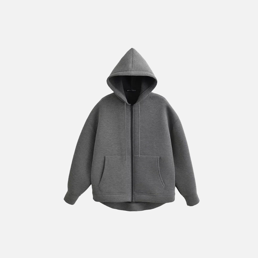 Front view of the dark grey Classic Zip-Up Hoodie in a gray background