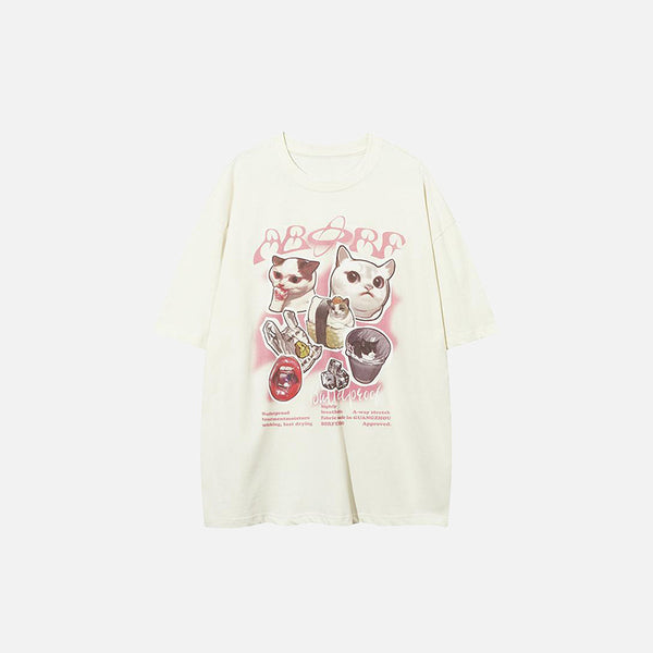 Front view of the beige Loose Cat Print T-shirt in a gray background