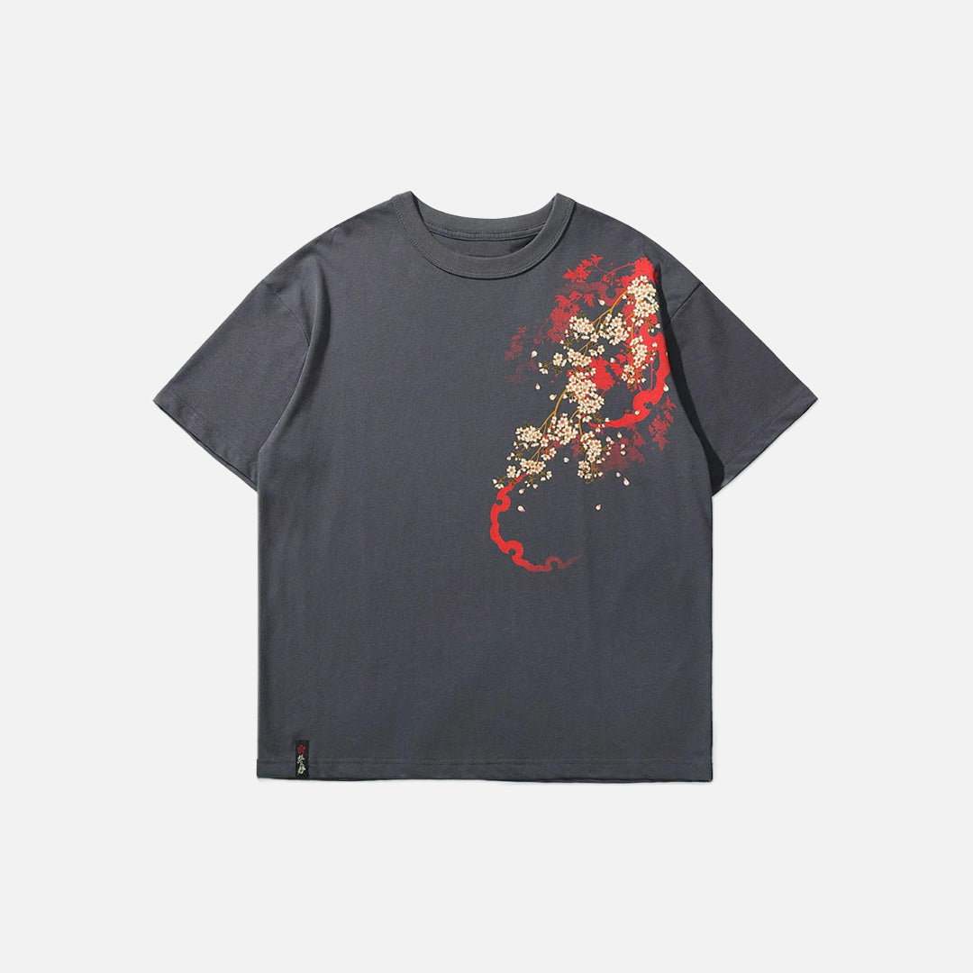 Front view of the gray Samurai Spirits With Blossoms T-shirt in a gray background