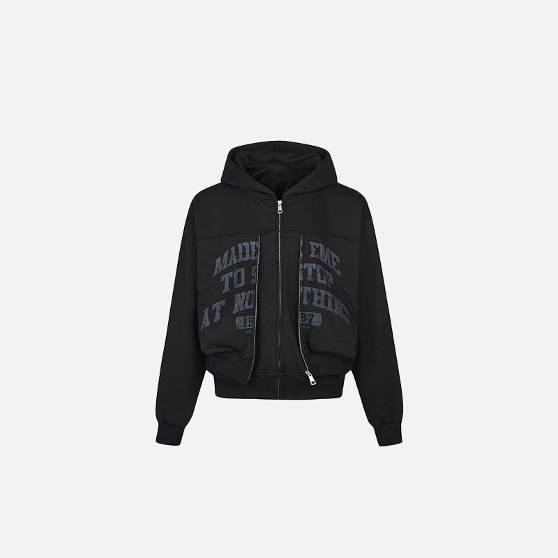 Front view of the black Motivational Zip-Up Hoodie in a gray background