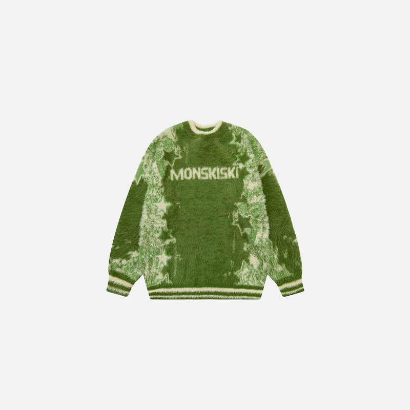 Front view of the green Retro Alpine Knit Sweater in a gray background