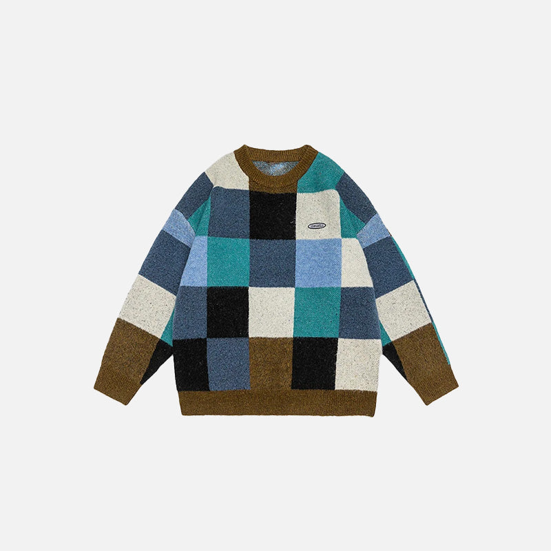 Front view of the blue Cozy Patchwork Pullover Sweatshirt in a gray background