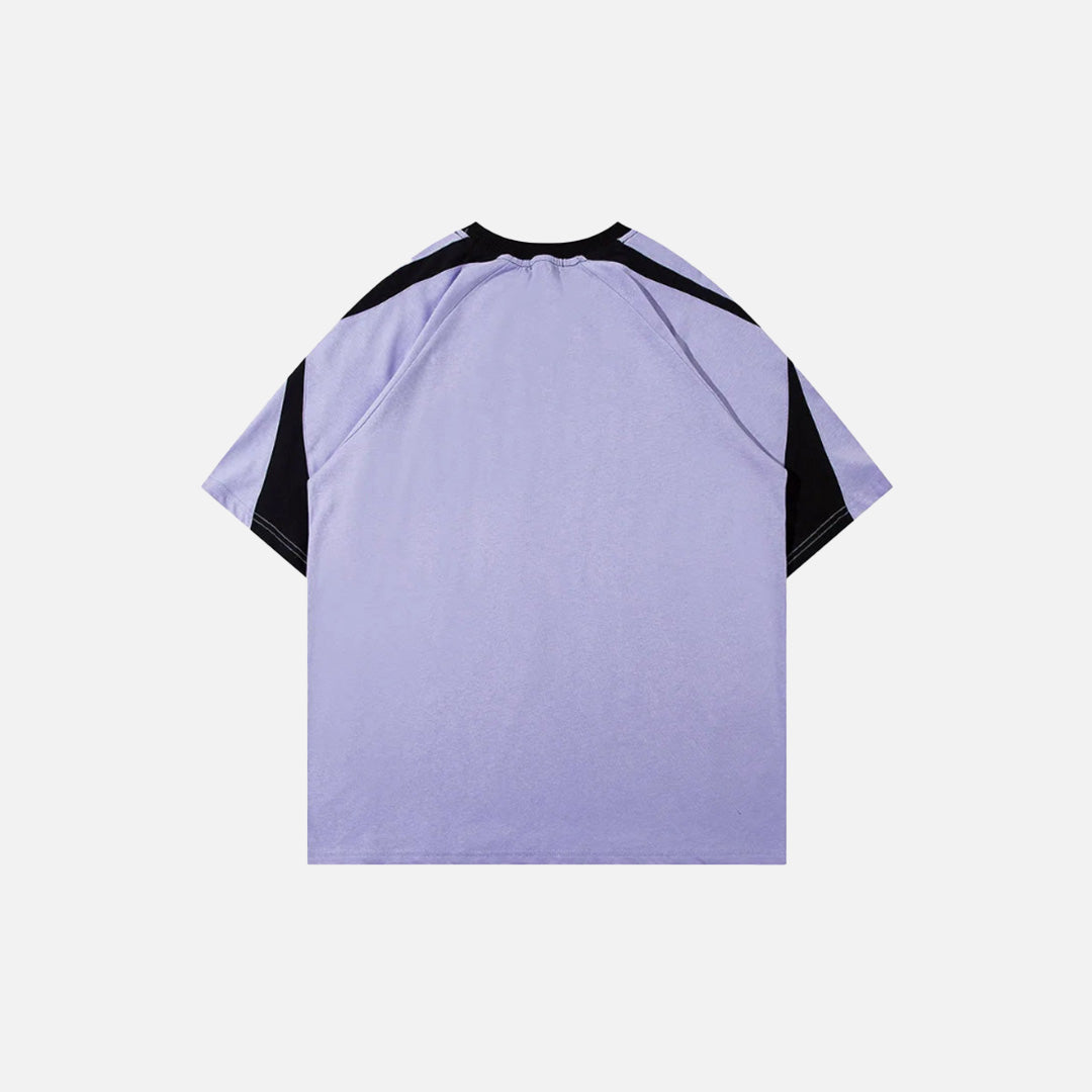 Back view of the purple Sharp Split Panel T-shirt in a gray background