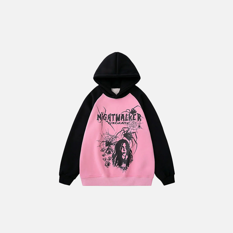 Front view of the pink Nightwalker Horror Hoodie in a gray background