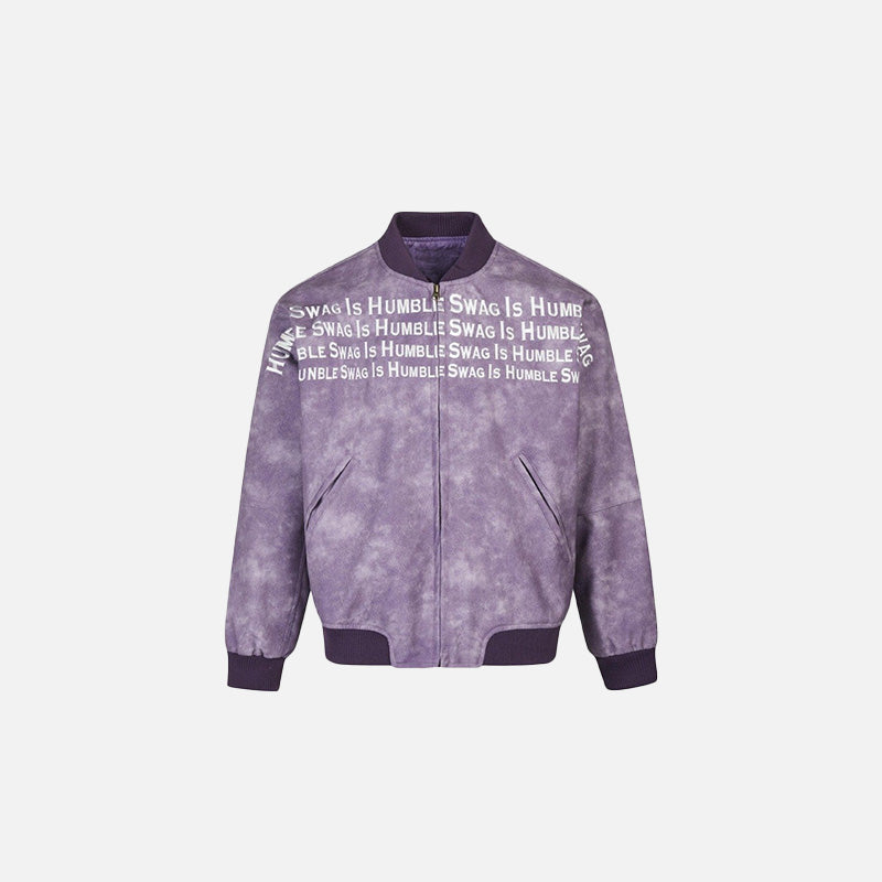 Front view of the purple Minimalist Humble Swag Jacket in a gray background