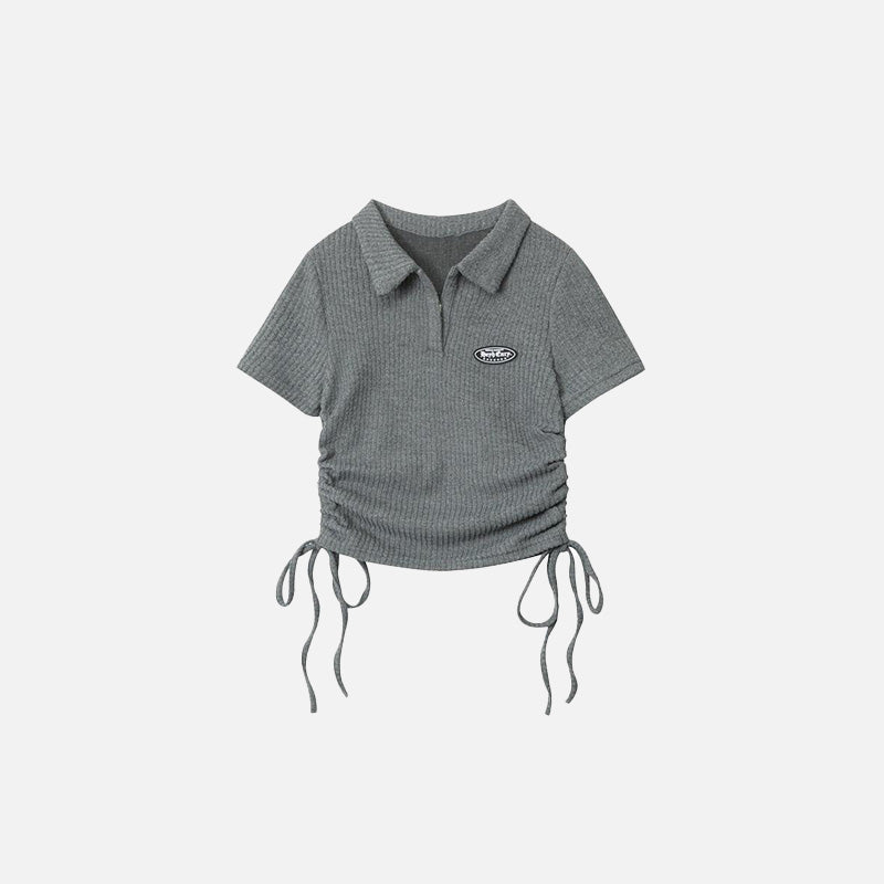 Front view of the grey Women's Polo With Side Ties T-shirt  in a gray background 