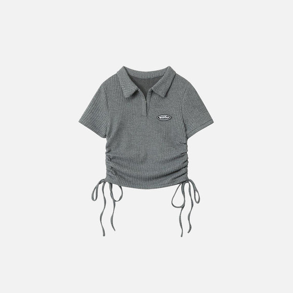 Front view of the grey Women's Polo With Side Ties T-shirt  in a gray background 