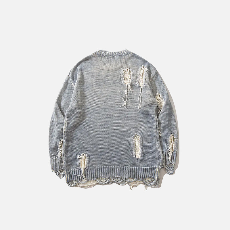 Back view of the gray Y2K Ripped Loose Sweater in a gray background