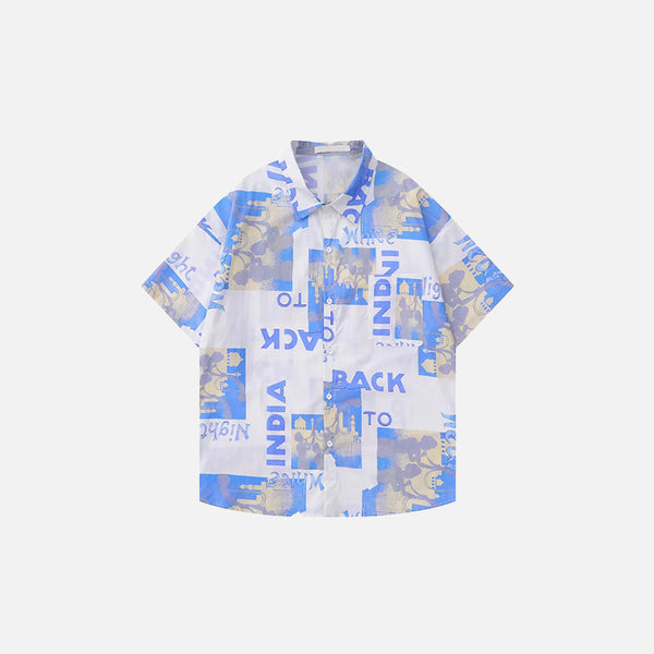 Front view of the white India Collage Print Button-Up Shirt in a gray background