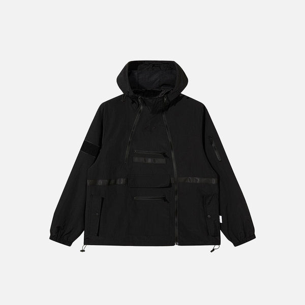 Multi Pockets Irregular Zip-up Hoodie