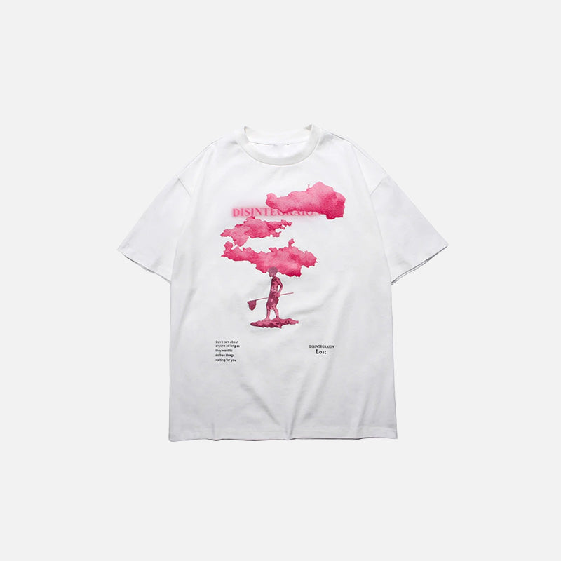 Front view of the white Pink Wanderlust T-shirt in a gray background