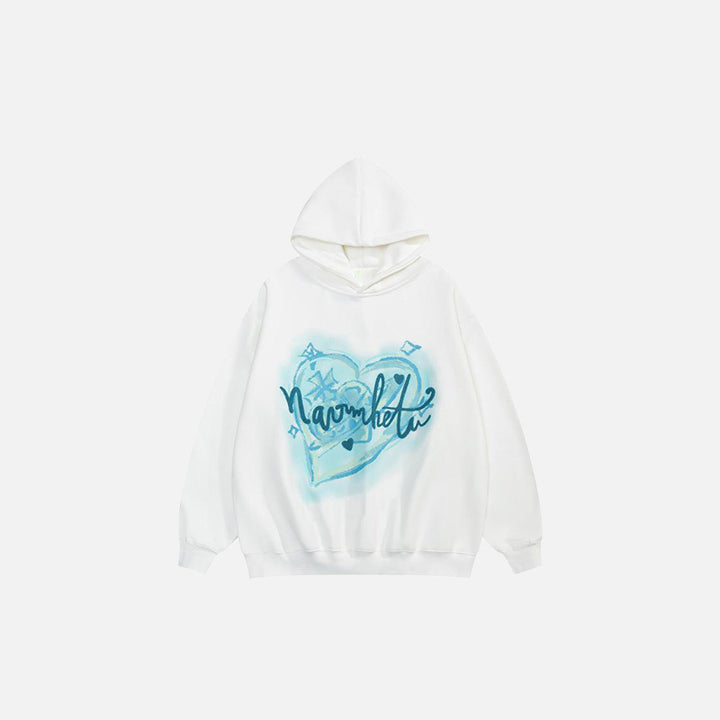 Front view of the white Heart Printed Oversized Hoodie in a gray background 
