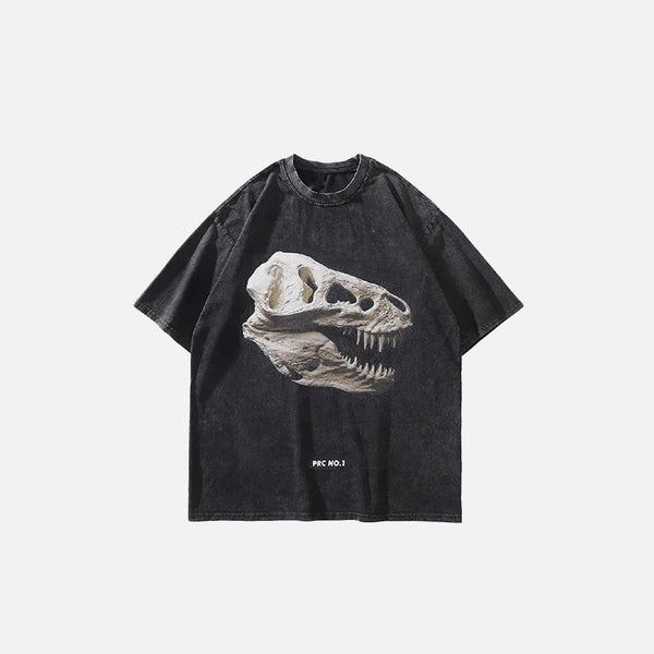 Front view of the black Neon Dino Skull T-shirt in a gray background