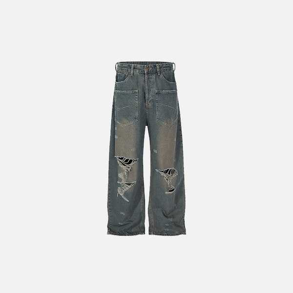 Front view of the blue Retro Loose-Fit Ripped Jeans in a gray background