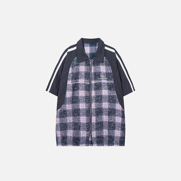 Front view of the blue Patchwork Plaid Splicing Color Shirt in a gray background 