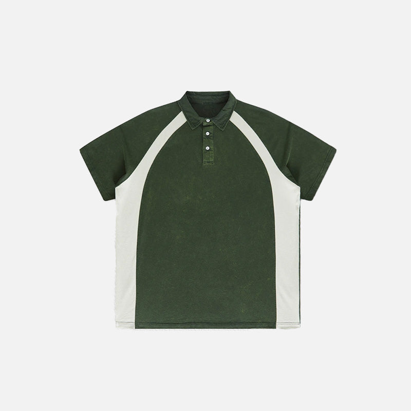 Front view of the green Y2k Washed Contrast Color Polo T-shirt in a gray background 