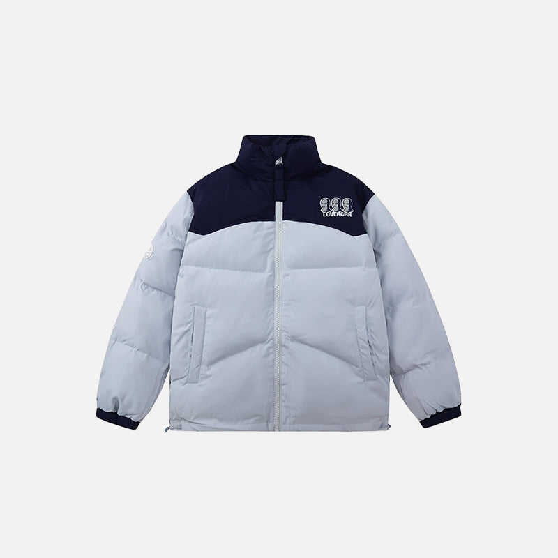 Front view of the blue Iconic Winter Puffer Jacket in a gray background