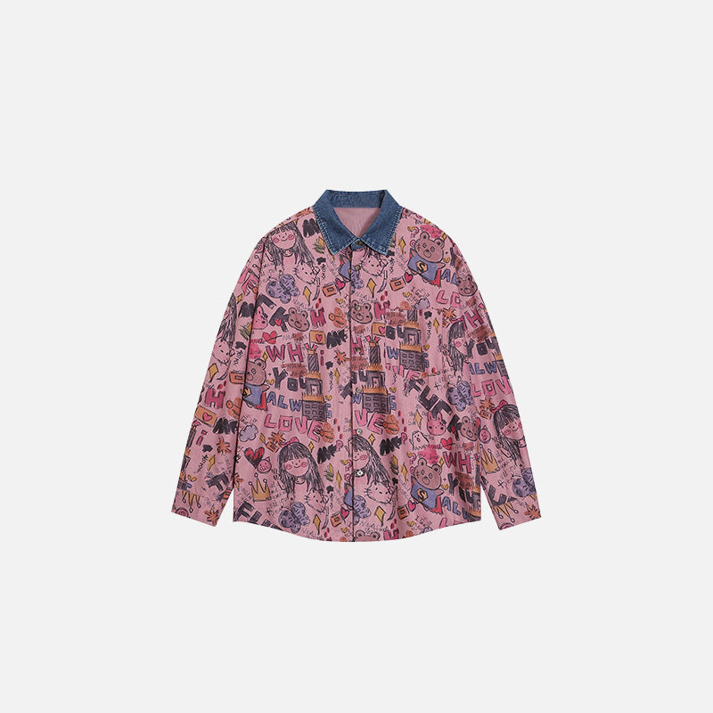 Front view of the pink Animated Graffiti Patterned Shirt in a gray background