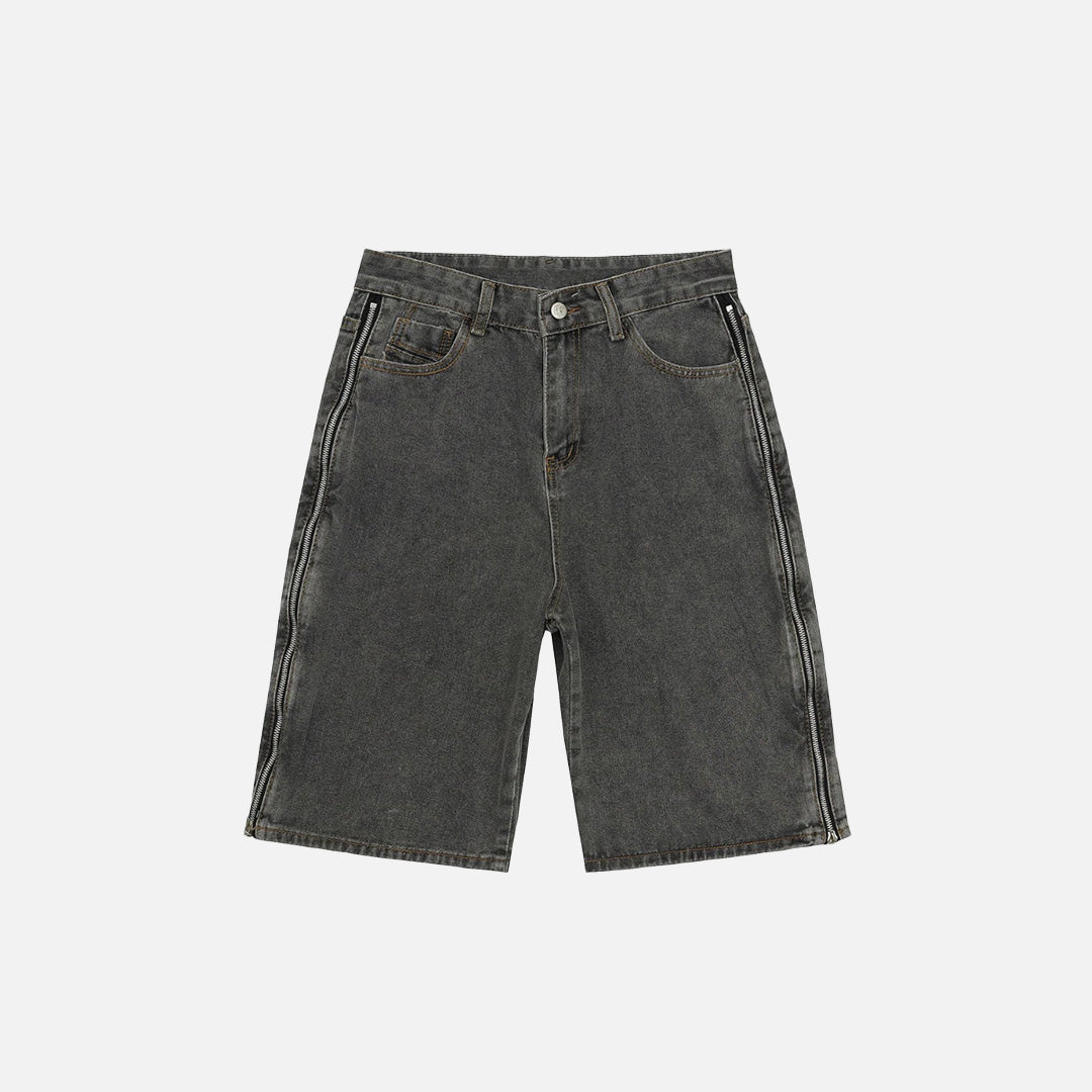 Front view of the black Street Zipper Cargo Shorts in a gray background