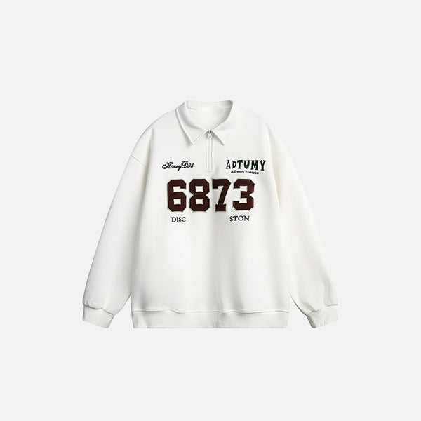 Front view of the white Y2K Loose Sports Sweatshirt in a gray background