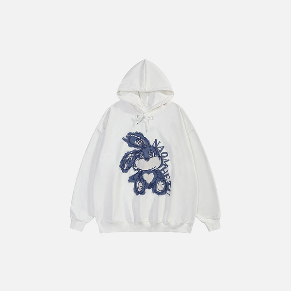 Front view of the white Loose Retro Rabbit Printed Hoodie in a gray background 