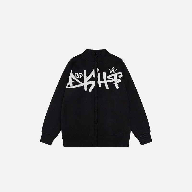 Front view of the black DSHFT Graffiti Zip-Up Sweater in a gray background