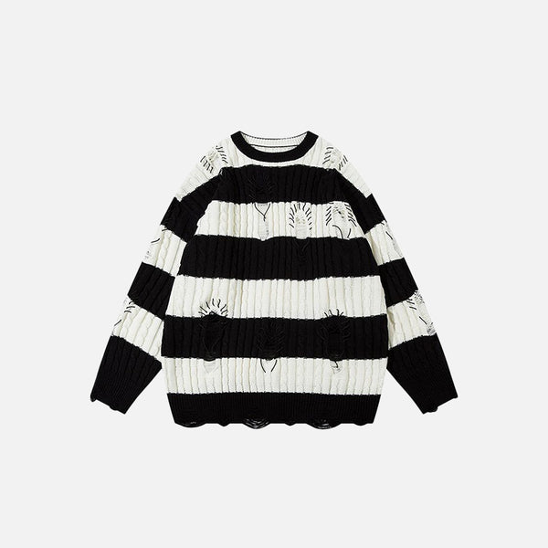 Loose Stripped Distressed Knitted Sweater