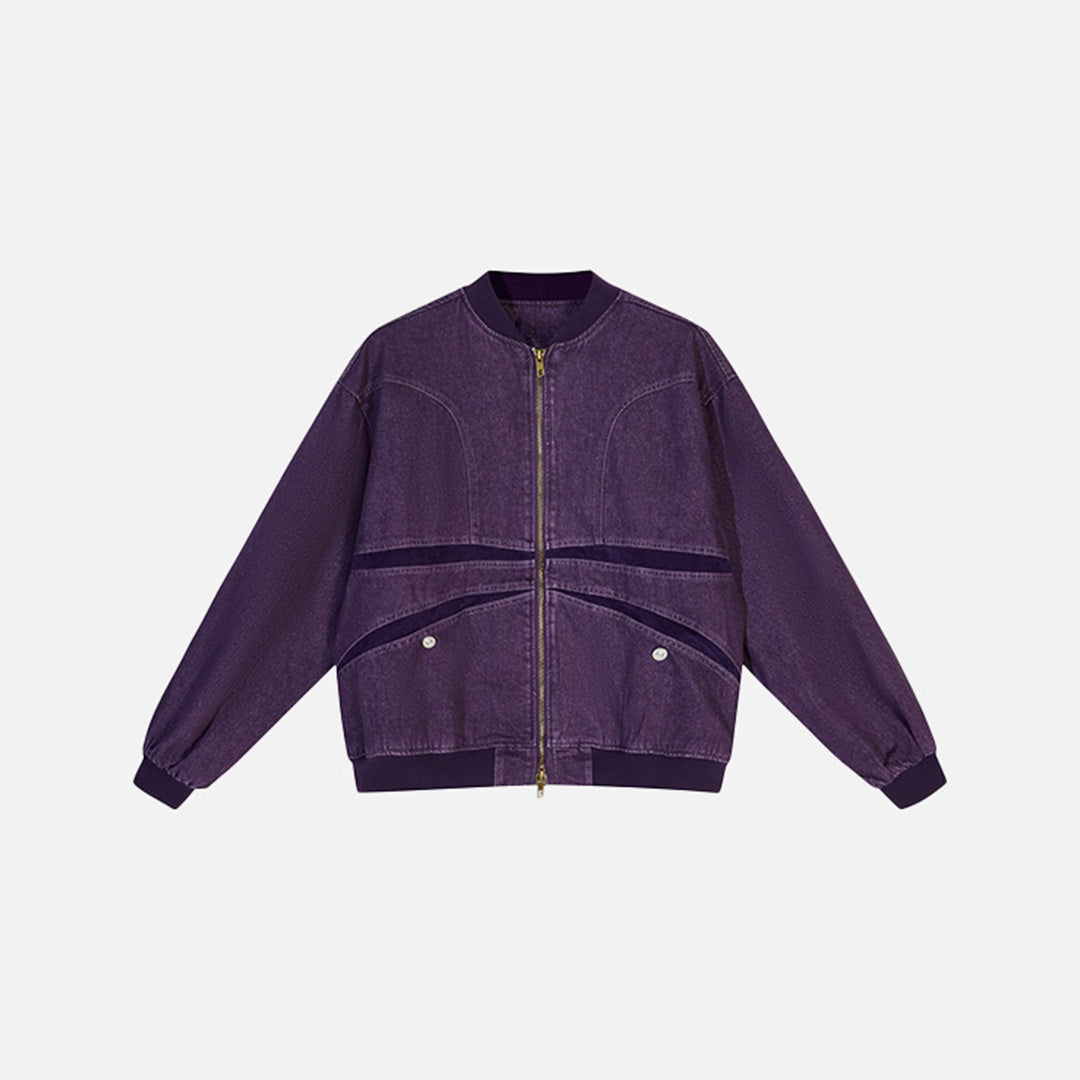 Front view of the purple Y2k Washed Denim Stitching Jacket in a gray background 