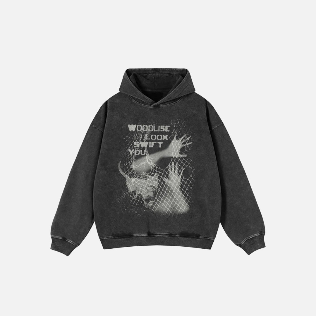 Front view of the black Wildlife Glimpse Mesh Hoodie in a gray background