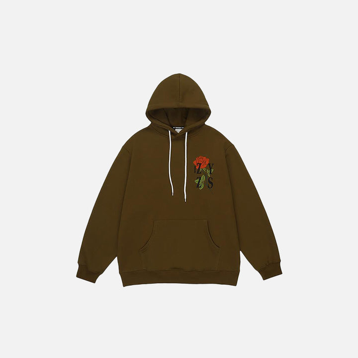 Front view of the curry Beautiful Rose Loose Hoodie in a gray background 