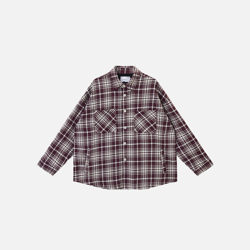 Front view of the red Loose Retro Plaid Shirt in a gray background