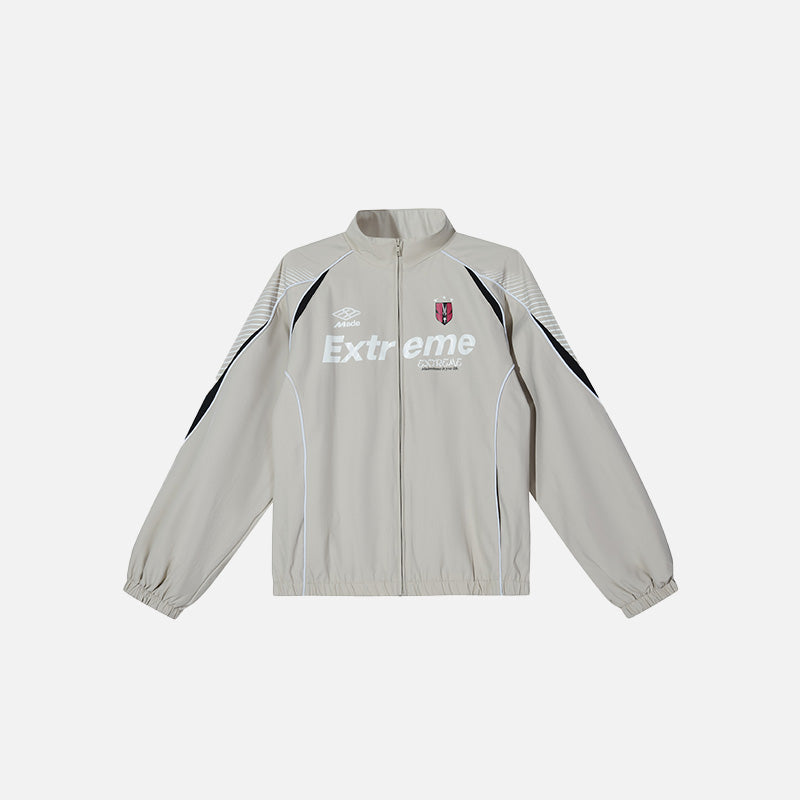 Front view of the beige Loose Letter Printed Sports Jacket in a gray background 