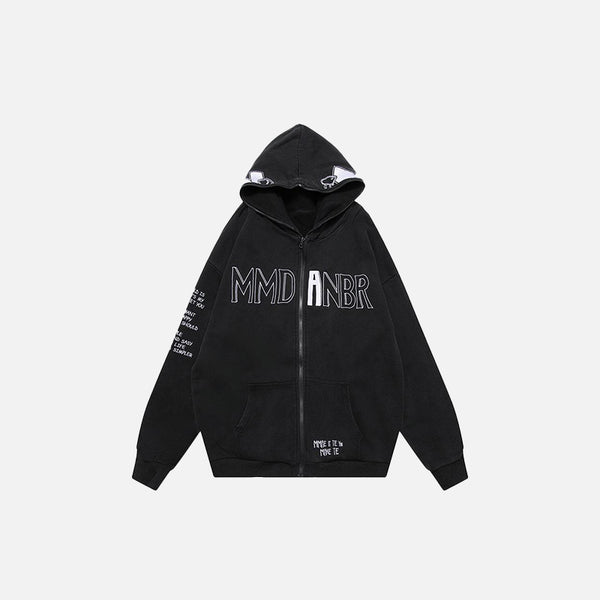 Embroidery Letter Print Zip-up Hoodie