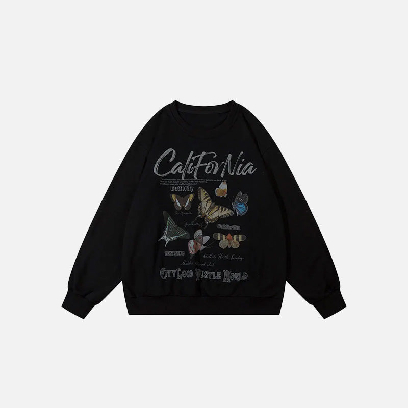 Front view of the Black California Butterfly Garden Sweatshirt in a gray background