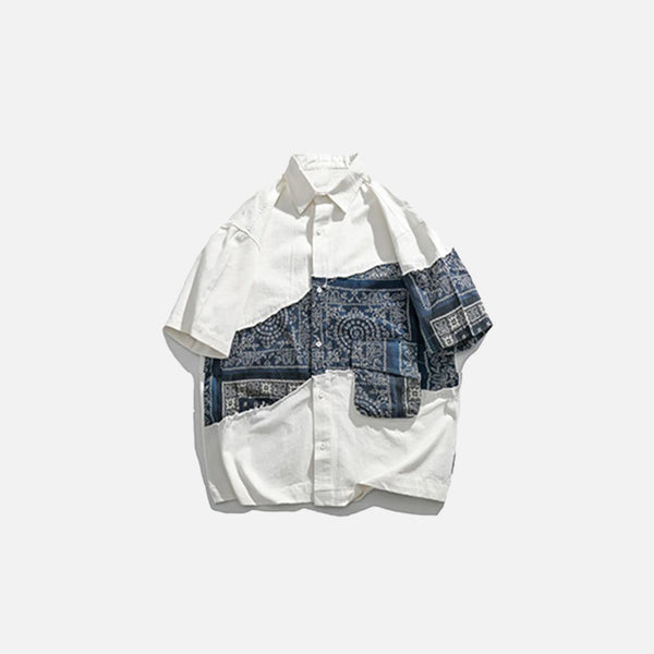 Front view of the white Bandanna Patchwork Shirt in a gray background
