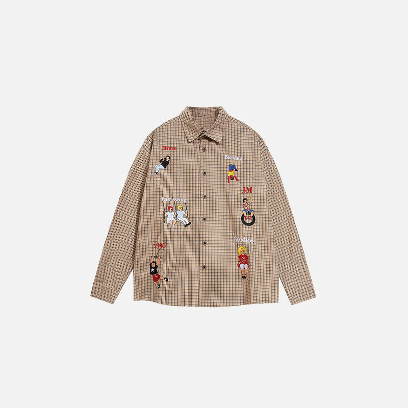 Front view of the khaki Characters Checkered Shirt in a gray background