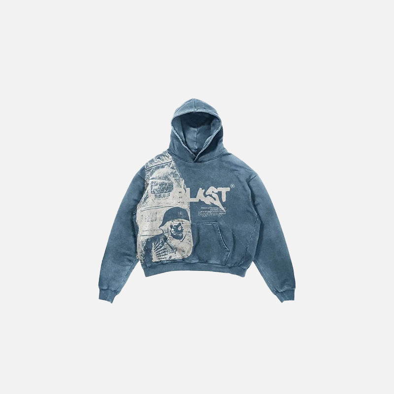 Front view of the blue Vintage Graphic Print Hoodie in a gray background