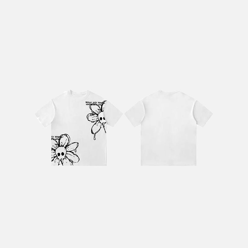 Front and Back view of the white Washed Flower Floral Skull Graphic T-Shirt in a gray background