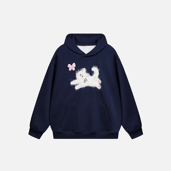 Front view of the navy blue Cat And Butterfly Hoodie in a gray background