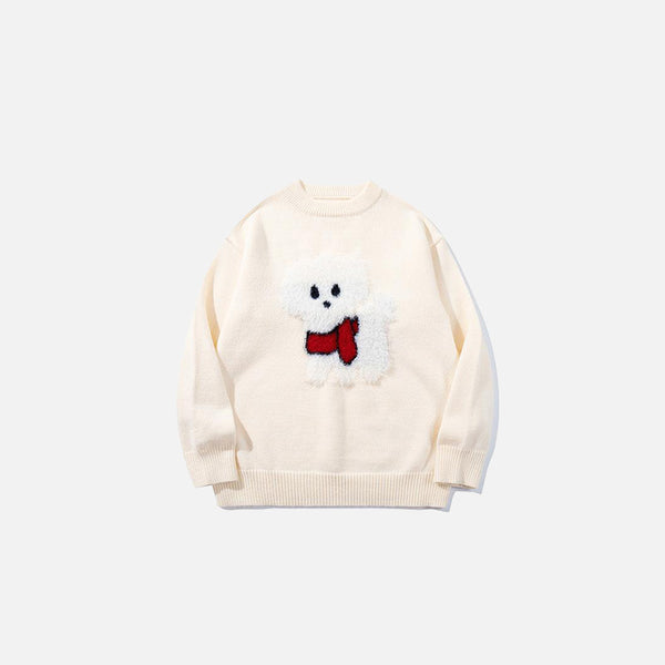 Front vew of the apricot Snowman Graphic Knit Sweater in a gray background